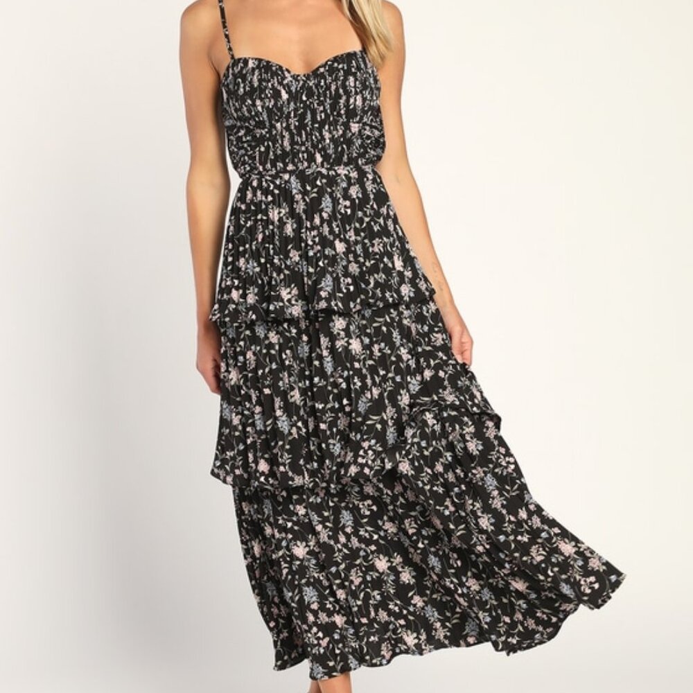 Lulus Cascading Crush Black Floral Print Tiered Bustier Midi Dress | Size XS